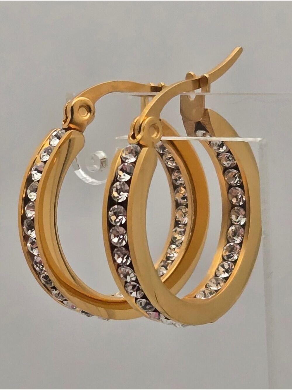 Steeltime 18K Gold Plated Stainless Steel Crystal Hoop Earrings New - Picture 6 of 15